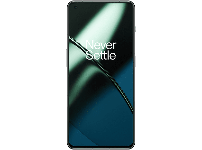 Smartphone con pantalla negra y las palabras 'Never Settle'. El fondo es una mezcla de azul y verde.
