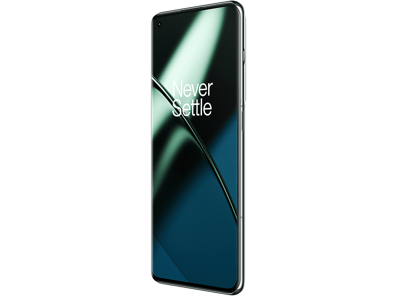 Primer plano de un smartphone con una pantalla grande que muestra un fondo verde azulado y negro.