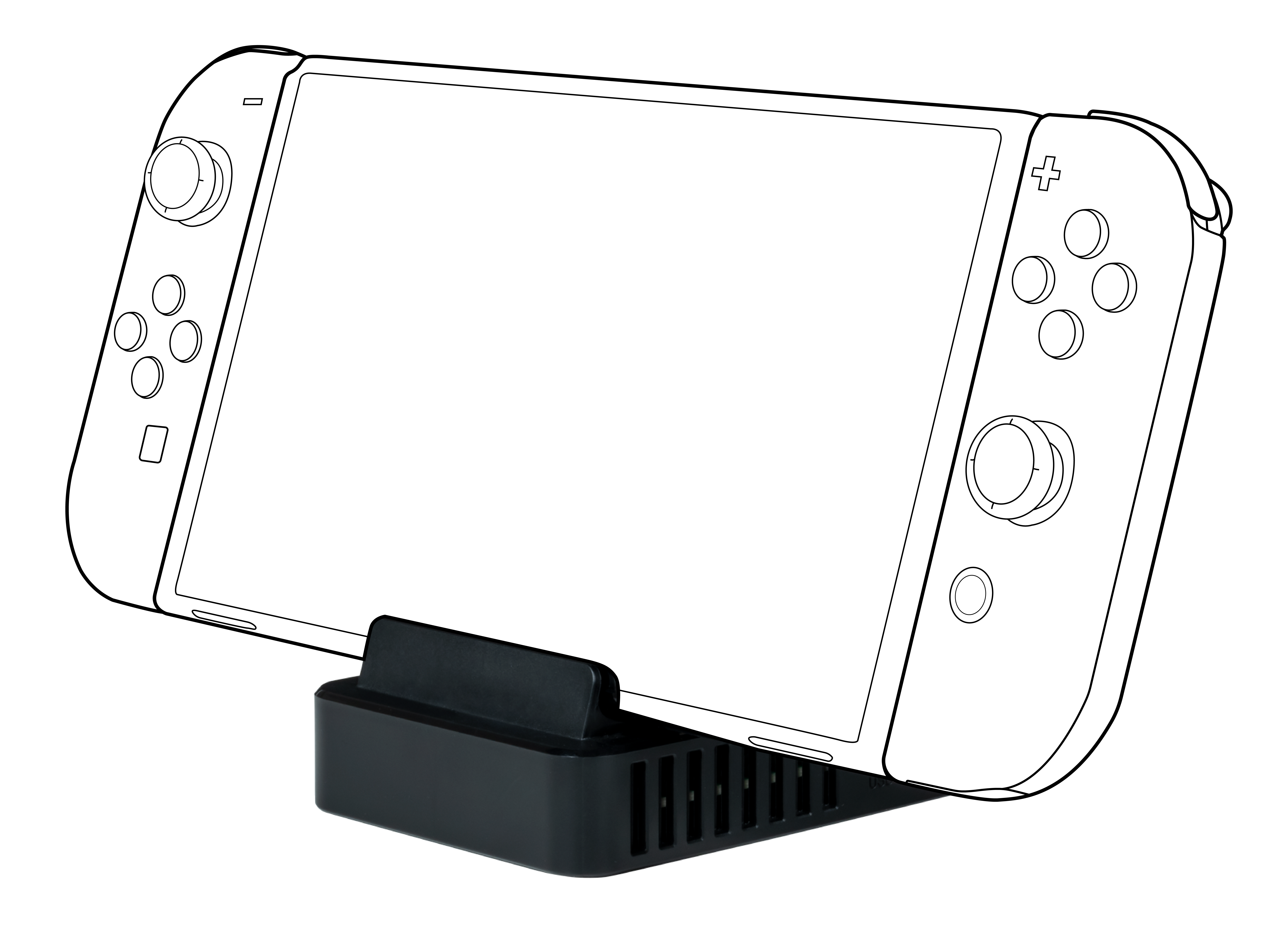Eine weisse Nintendo Switch-Konsole in einem schwarzen Ständer, abgewinkelt, auf schwarzem Hintergrund.