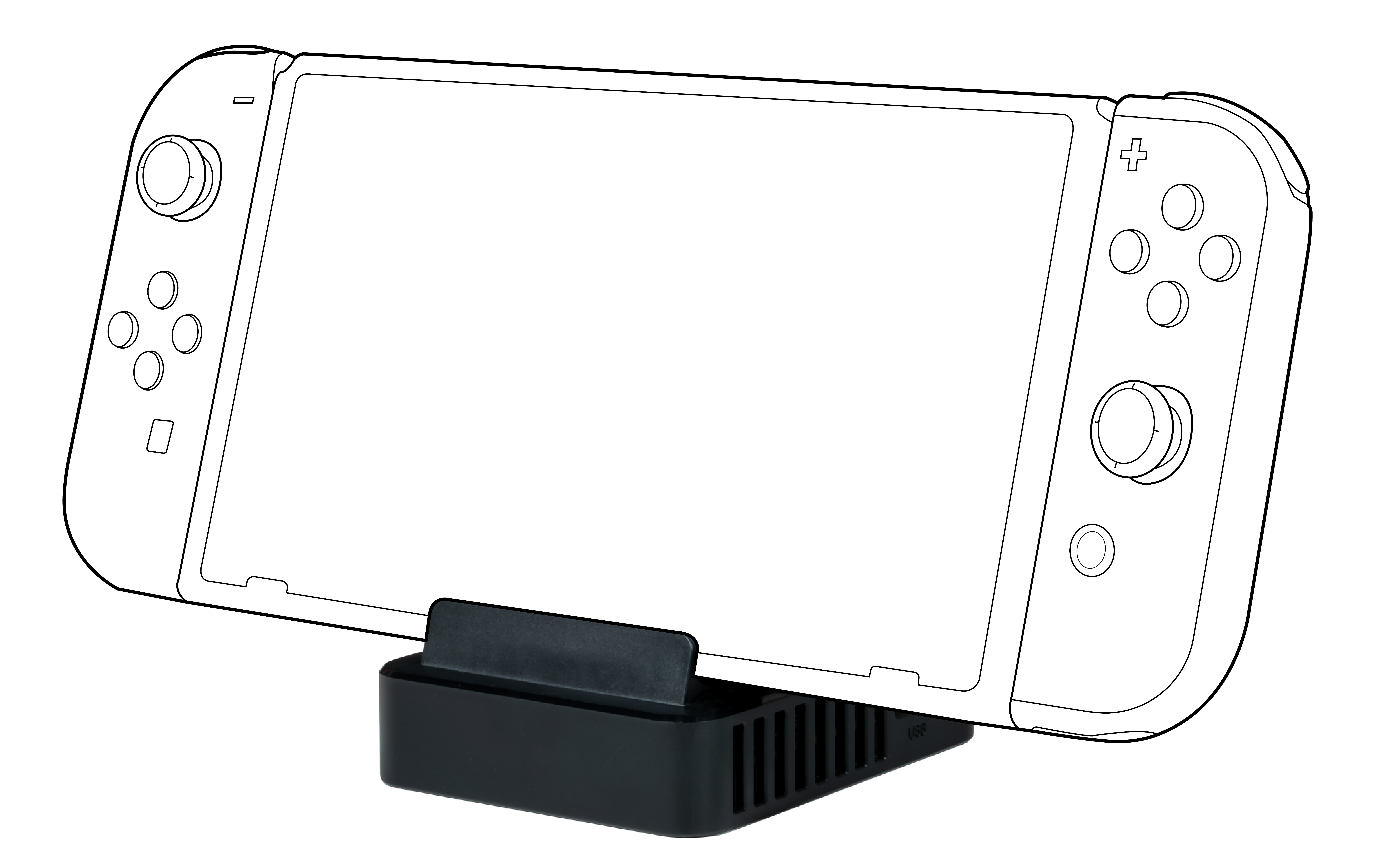 Schwarz-Weiß-Strichzeichnung einer Nintendo Switch in einer schwarzen Ladestation.