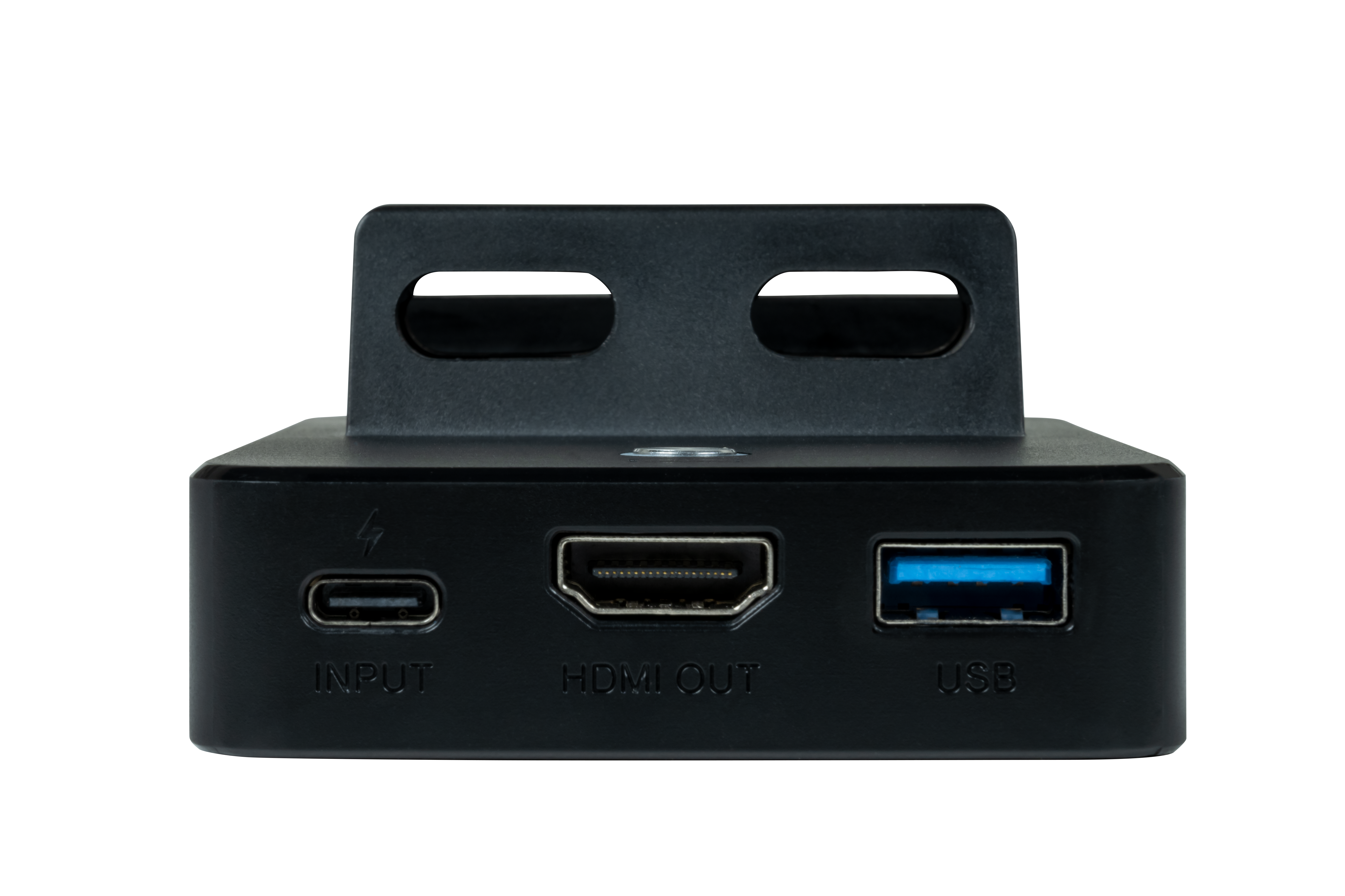 Schwarzes Gerät mit Eingangs-, HDMI-Ausgangs- und USB-Anschlüssen. Schwarzer Hintergrund. Blitzsymbol.