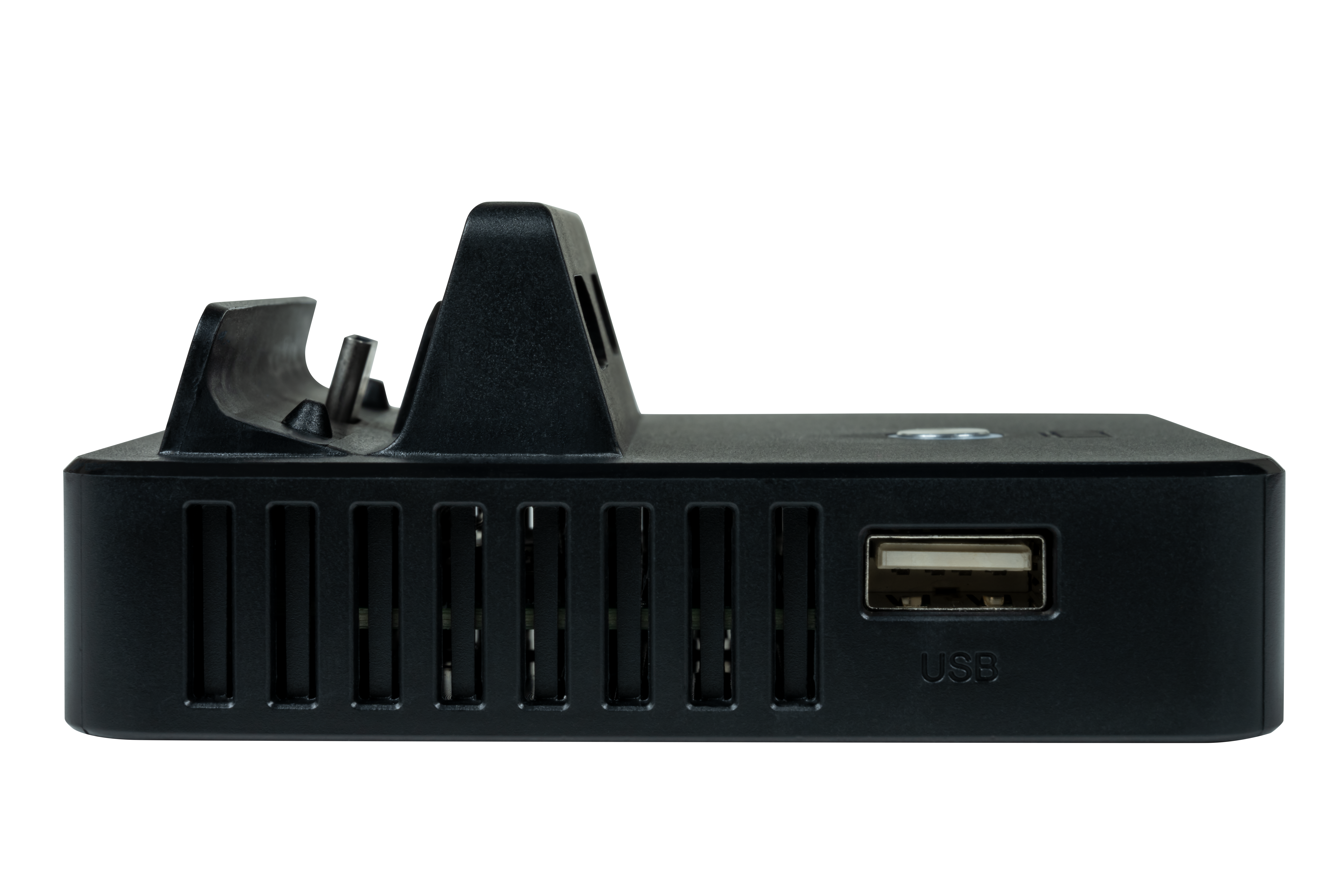 Schwarzes Gerät mit USB-Anschluss, Seitenansicht.