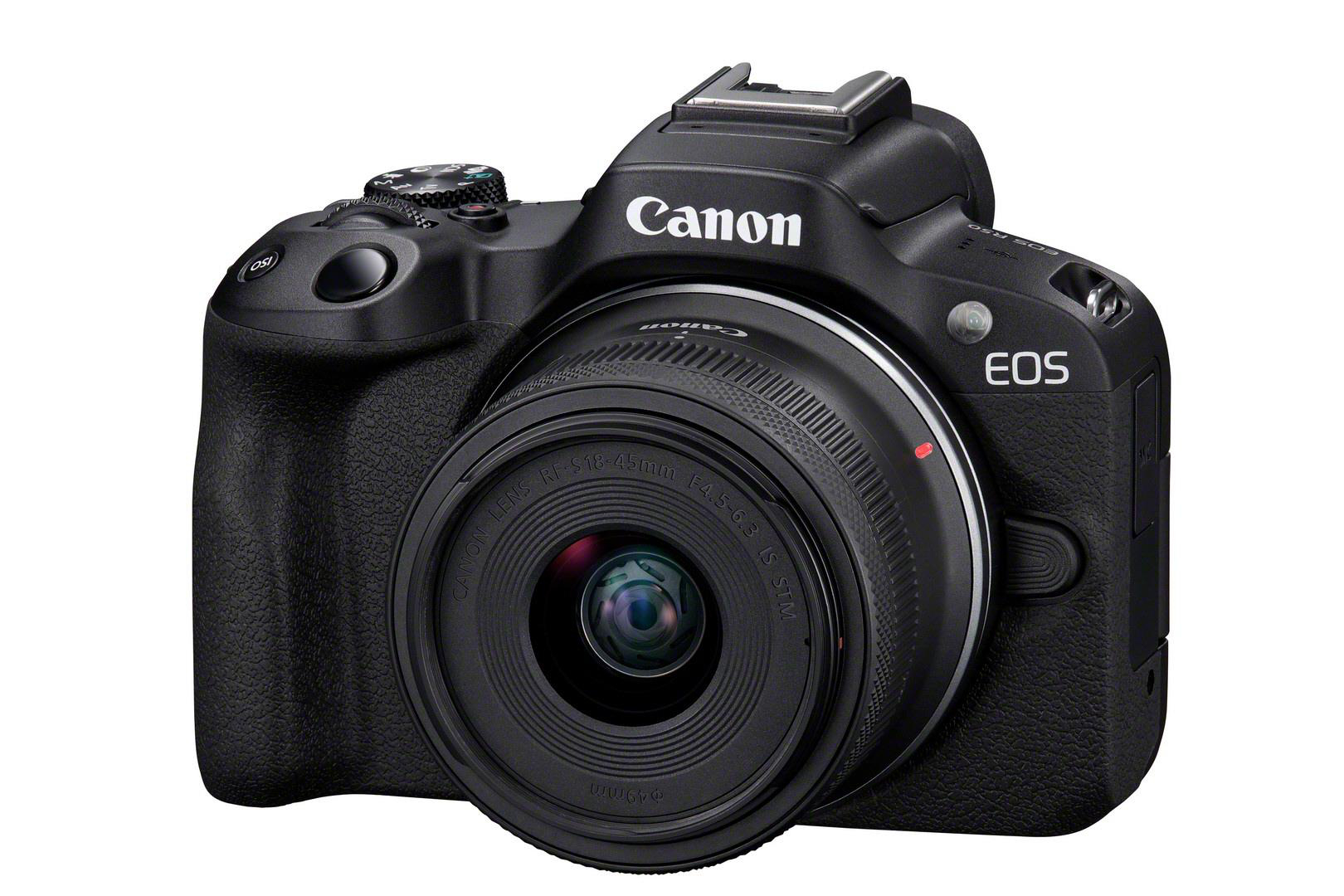 Schwarze Canon EOS Kamera mit Objektiv. Der Hintergrund ist weiß.