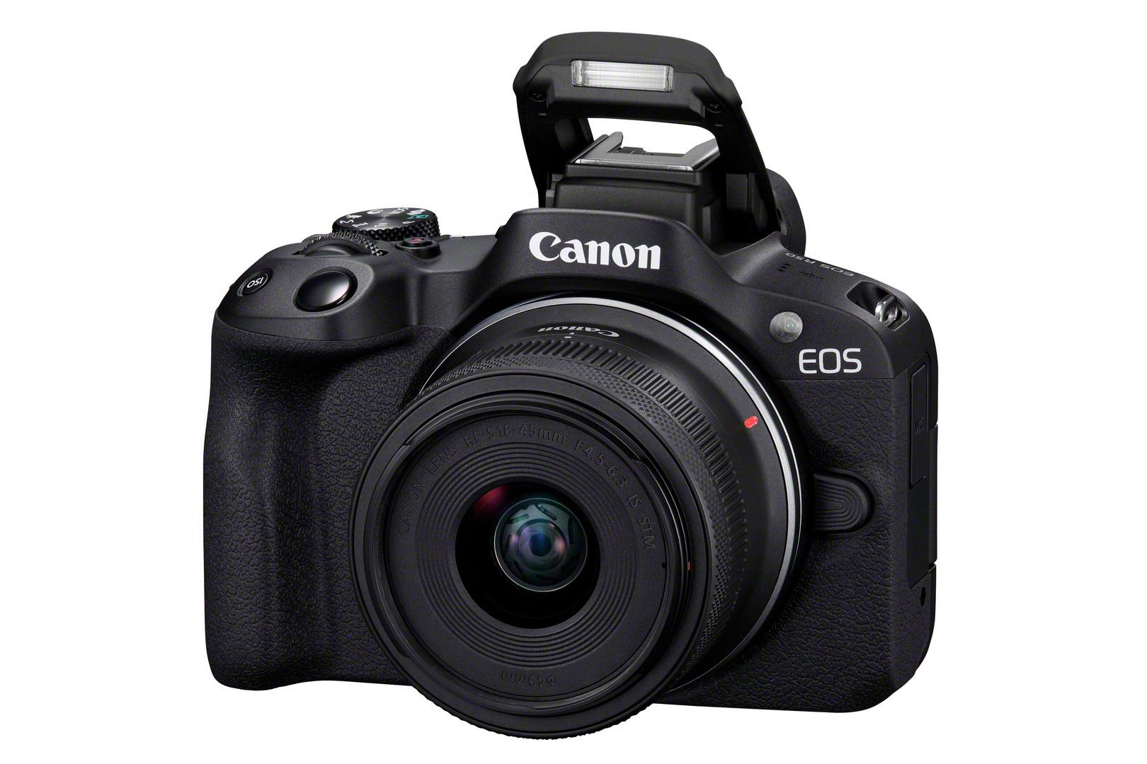 Eine schwarze Canon EOS Kamera mit dem Objektiv zum Betrachter, freigestellt auf Weiß.