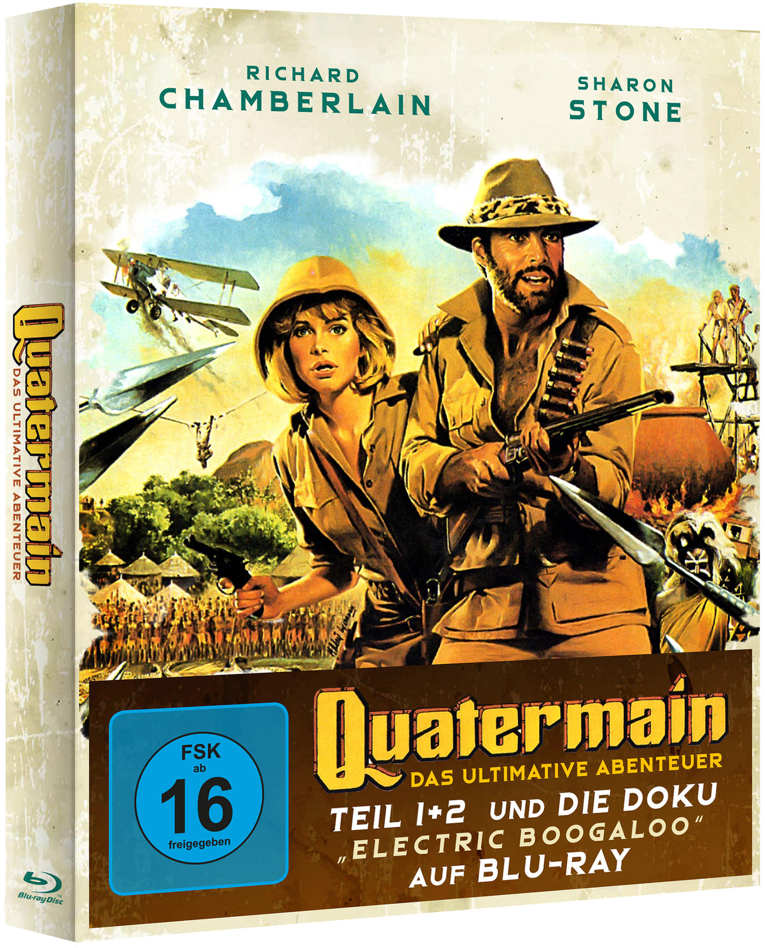 Filmbox-Set. Zwei Personen in einer Wüstenszene mit Flugzeug und Dschungel.