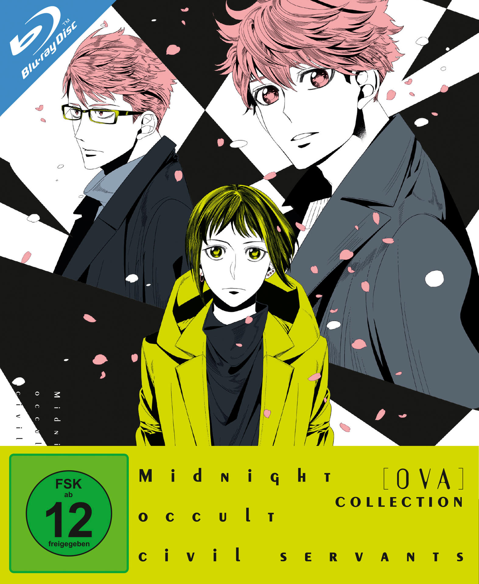 Blu-ray-Disc-Cover. Drei Anime-Figuren mit pinkfarbenen Haaren auf einem schwarz-weiß karierten Hintergrund.