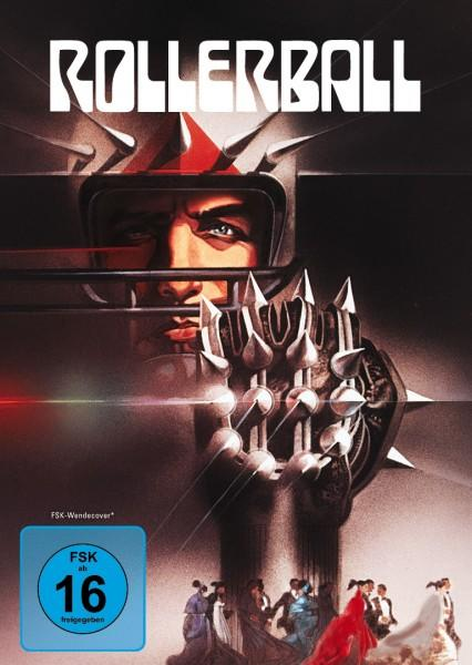 Filmcover. Rollerball, ein Mann mit Stacheln im Helm und eine Menschenmenge.