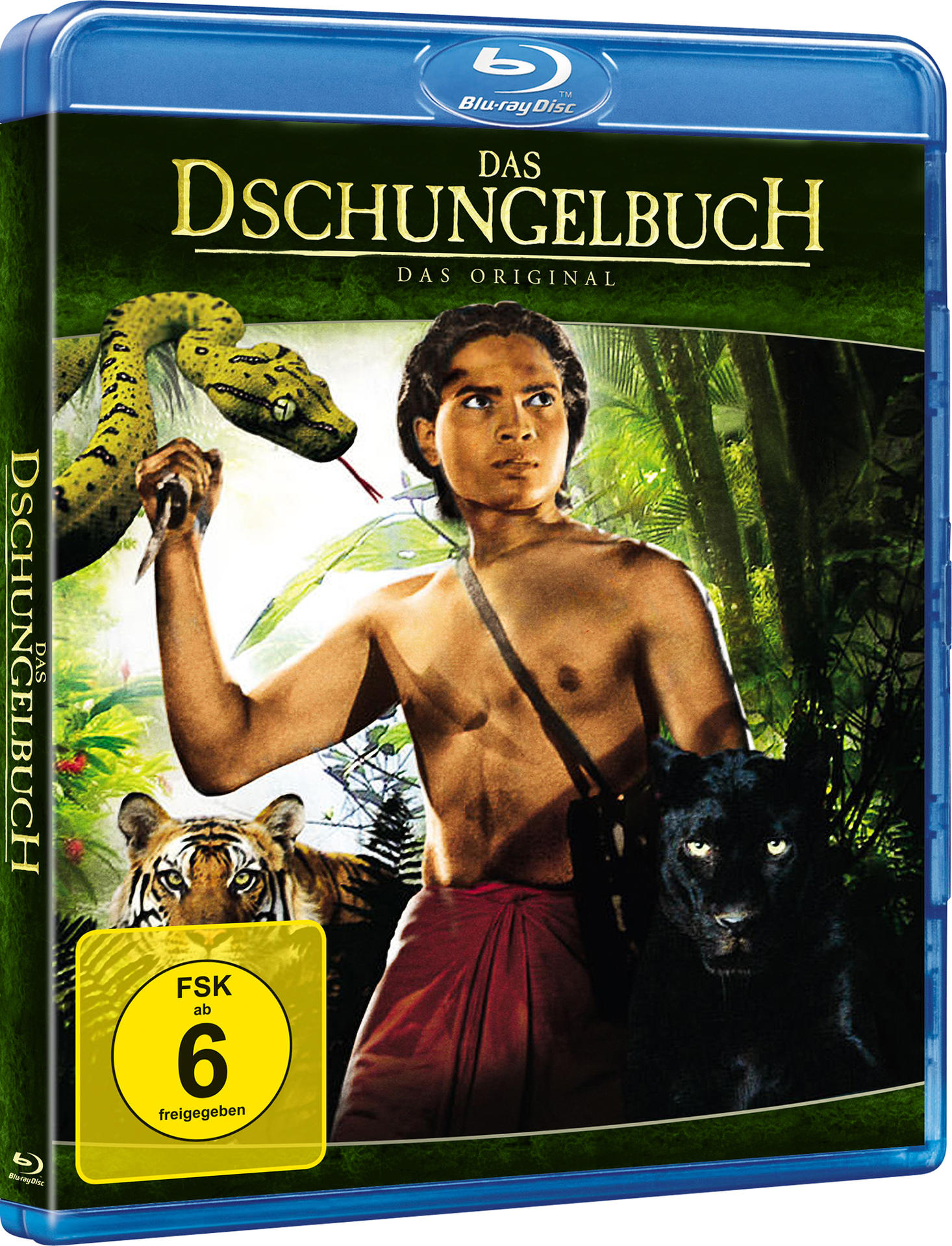 Blu-ray-Disc-Cover von 'Das Dschungelbuch' mit Junge, Panther und Schlange.
