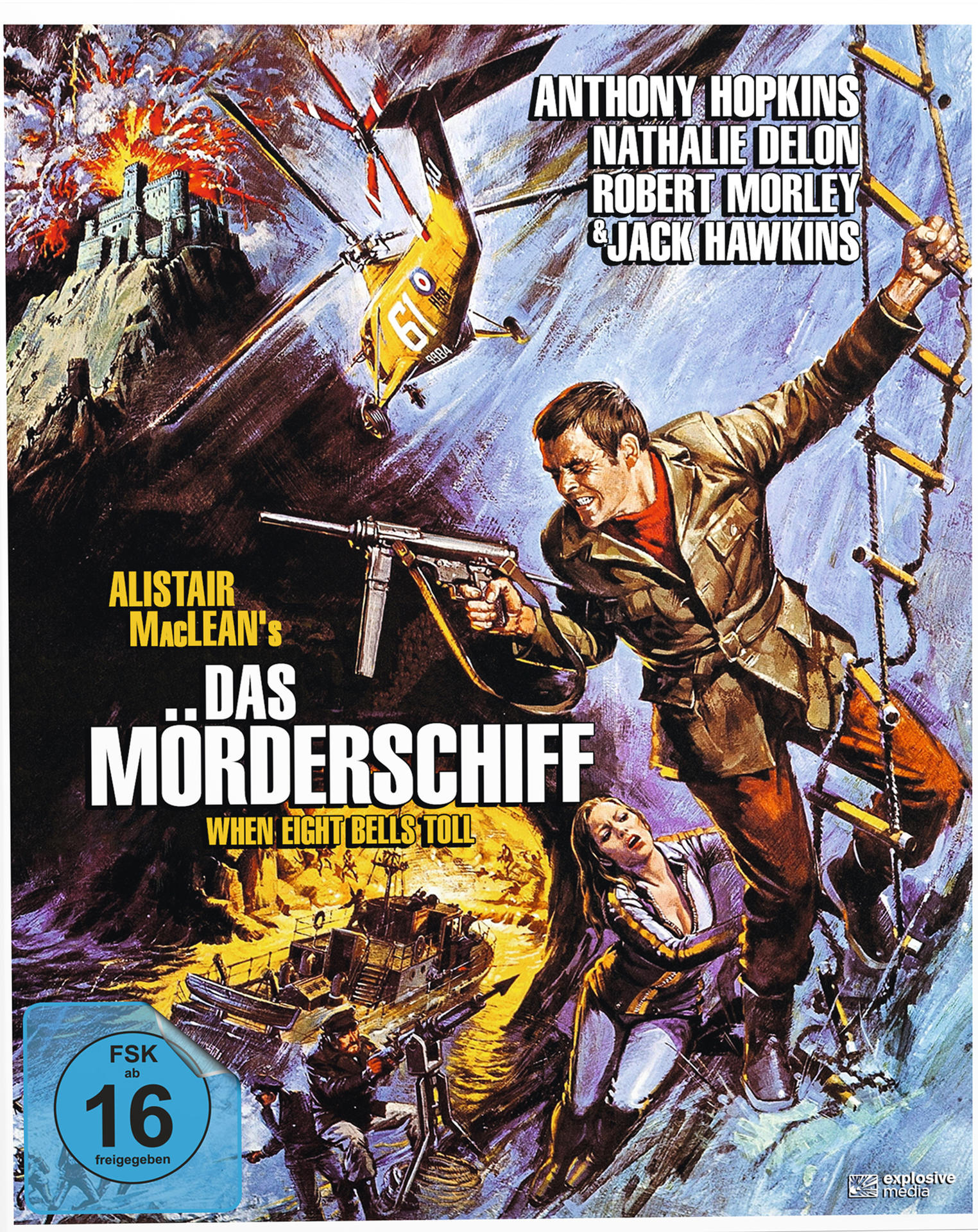 Filmplakat mit Mann mit Waffe und Helikopter im Hintergrund. Text auf Deutsch.