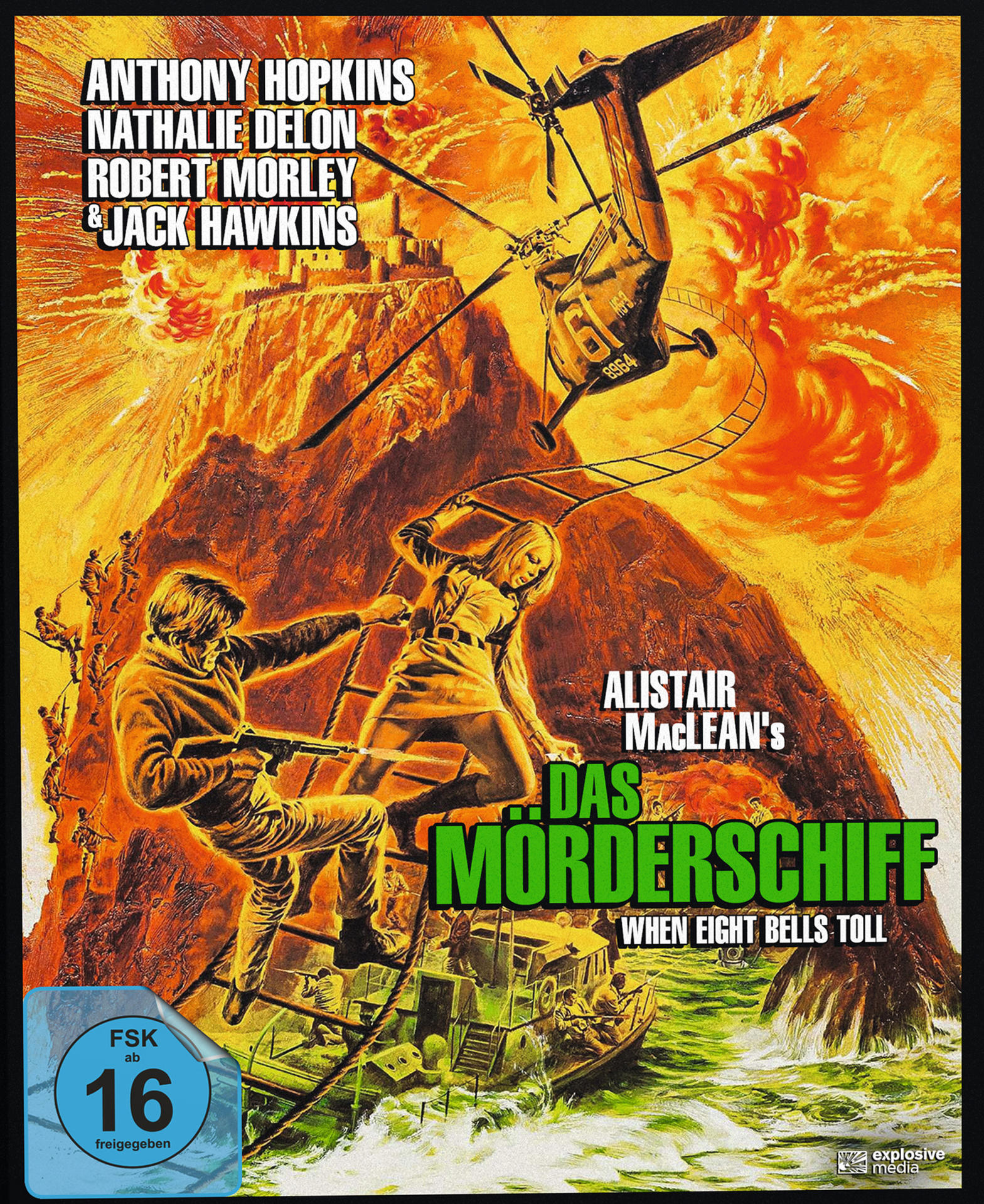 Filmplakat mit Hubschrauber, zwei Personen auf einem Boot und dem Titel "Das Morderschiff".