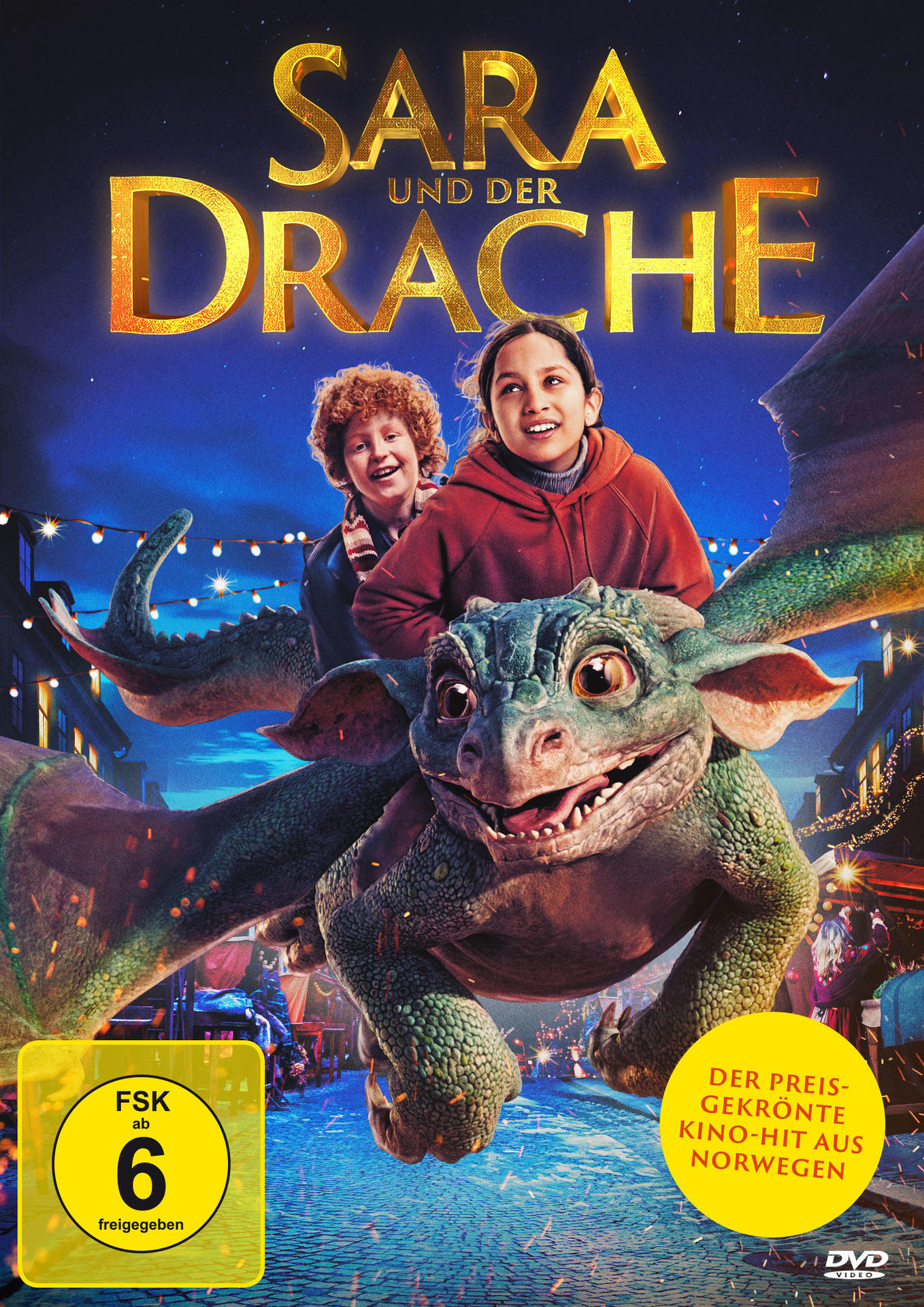 Sara und der Drache Filmcover mit zwei Kindern und einem Drachen.