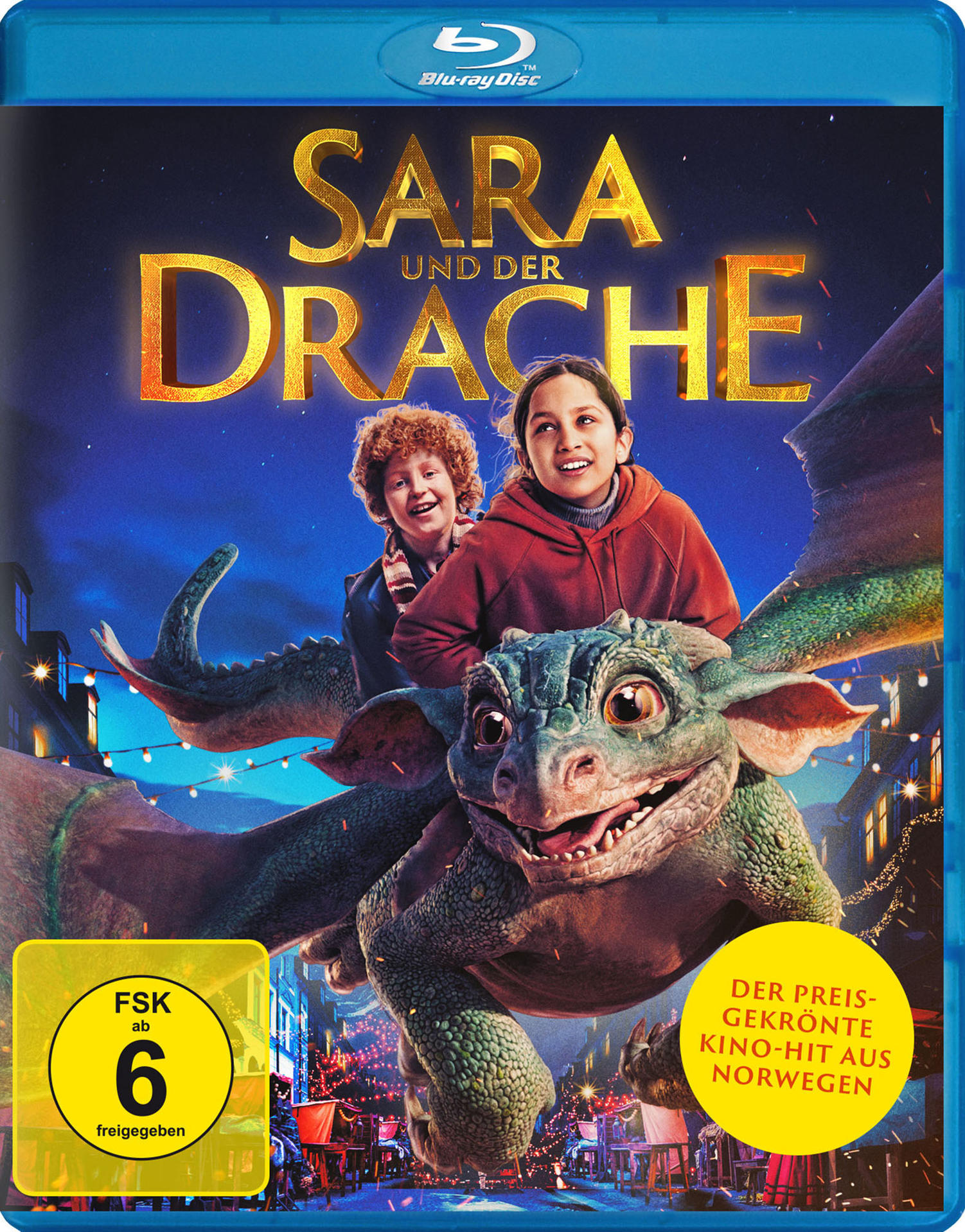 Filmcover: Zwei Kinder auf einem Drachen, Nachtszene mit Gebäuden, goldener Schrift.