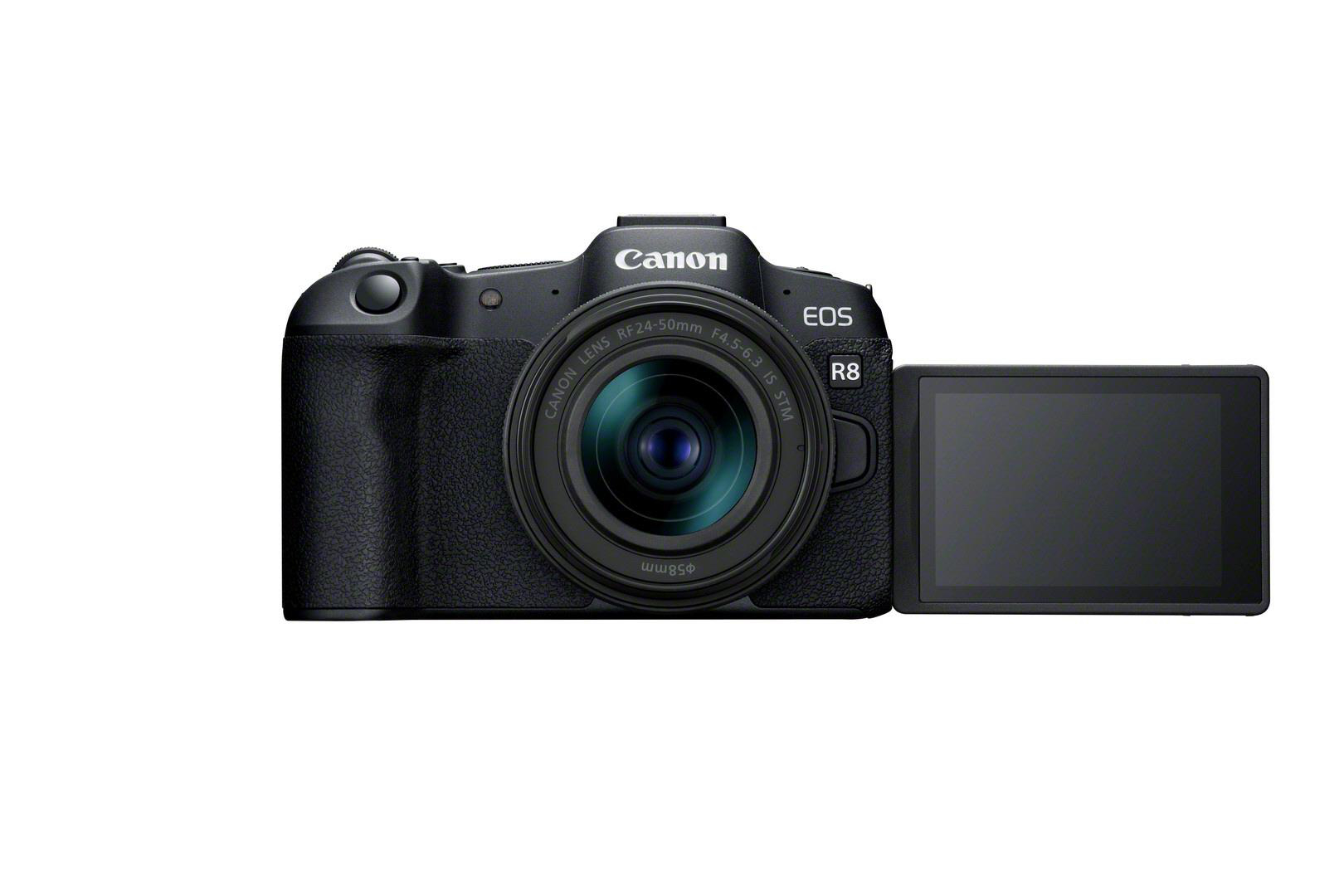 Canon EOS R8 Kamera mit geöffnetem Bildschirm. Schwarzes Gehäuse, Objektiv nach vorne, Bildschirm seitlich offen.