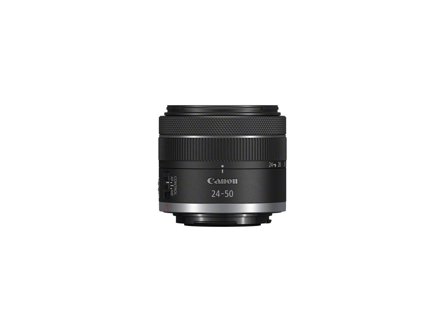 Ein Canon 24-50mm Kameraobjektiv, schwarz und zylindrisch, isoliert auf weißem Hintergrund.