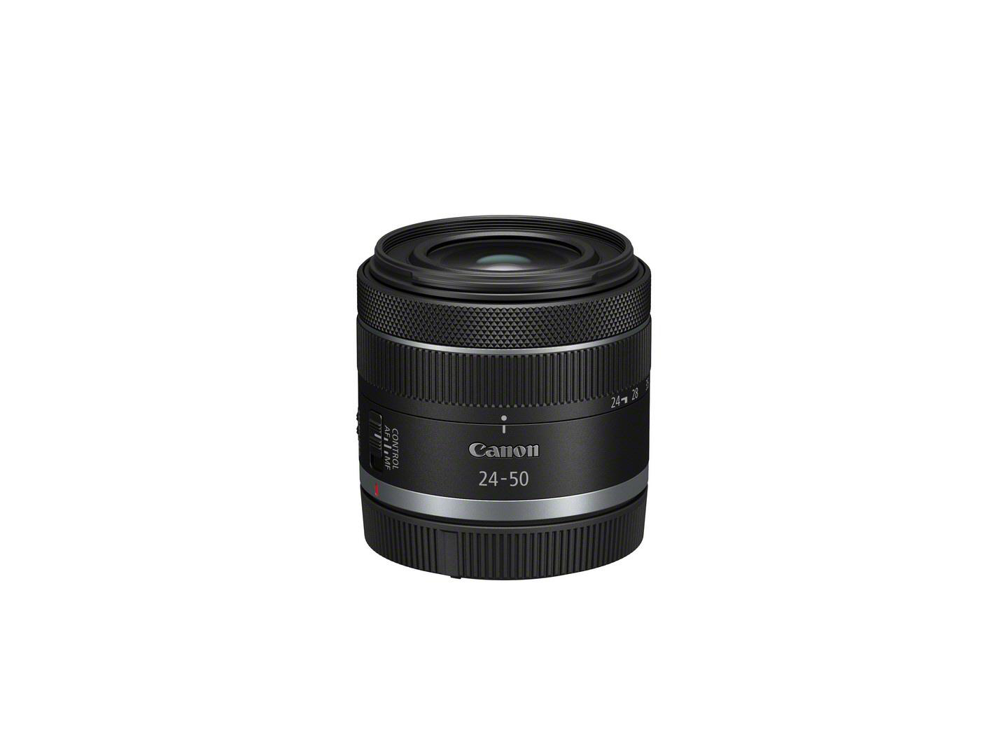 Schwarzes Canon 24-50mm Kameraobjektiv, isoliert auf weißem Hintergrund, mit Canon- und Brennweitendetails.