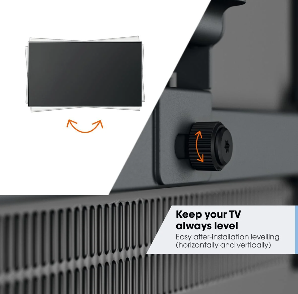 Support TV avec bouton de réglage. Écran de télévision en arrière-plan.