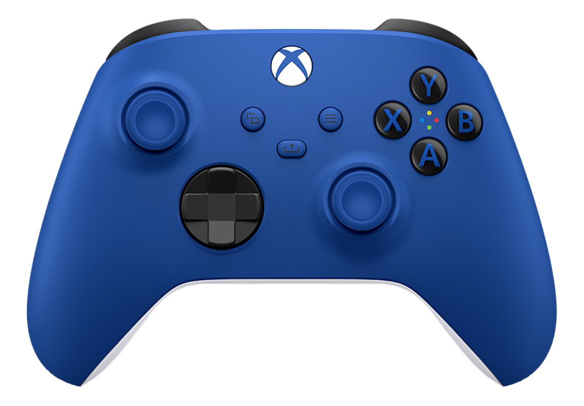 Blauer Xbox-Controller mit schwarzen Knöpfen und weißen Akzenten.