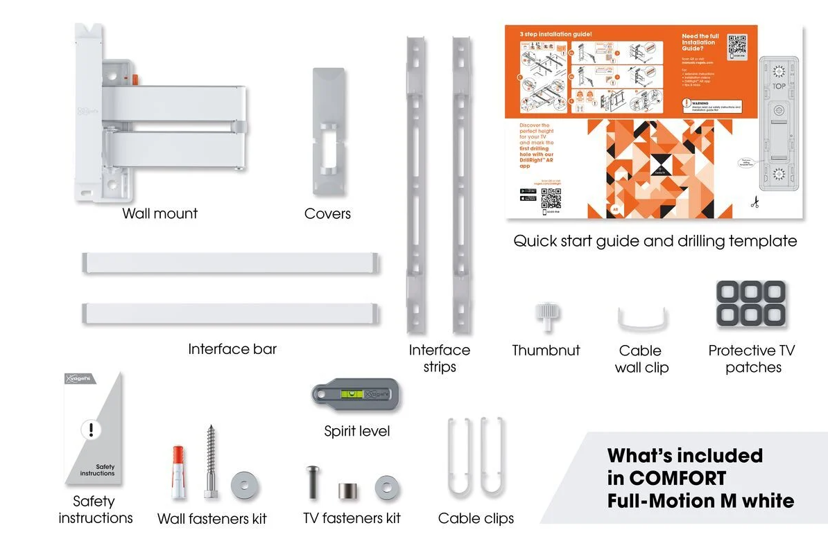 Kit de support mural TV blanc. Comprend divers composants comme un support mural et des vis.