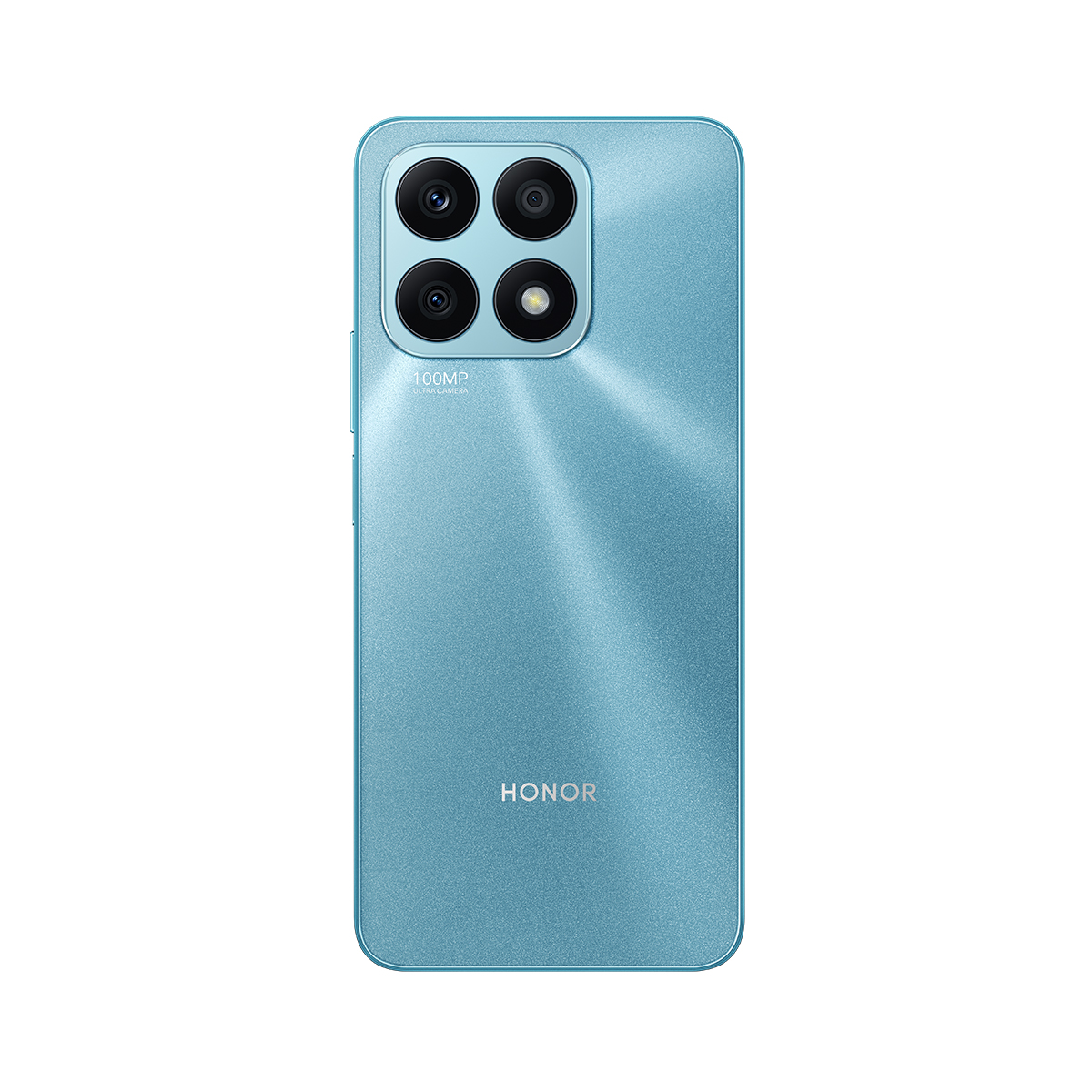 Teléfono HONOR azul, vista trasera, con cuatro cámaras y el nombre de la marca. Fondo blanco.