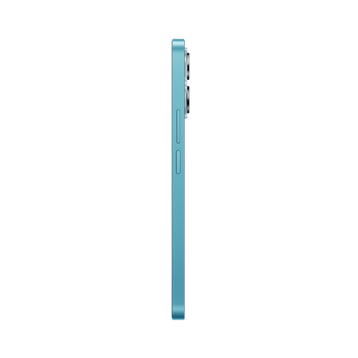 Vista lateral de un smartphone azul claro con módulo de cámara y botones, aislado sobre blanco.