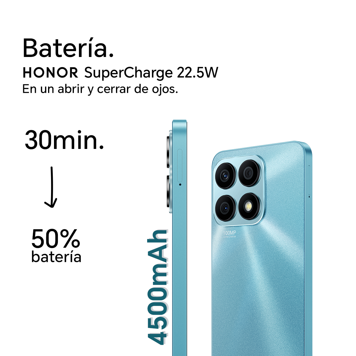 Un teléfono azul con tres cámaras. El texto describe el tiempo de carga y la capacidad de la batería.