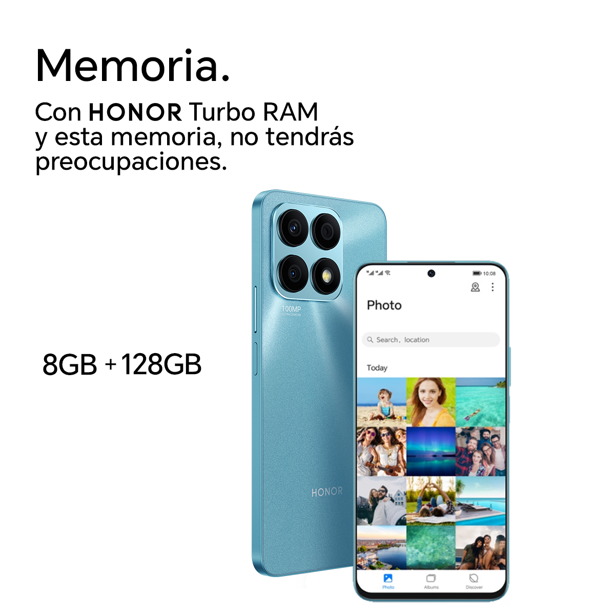 Un teléfono Honor azul claro con una matriz de cámaras, un segundo teléfono con fotos y texto.