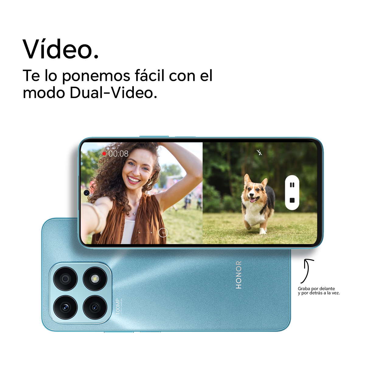 Un teléfono inteligente con modo de video dual activo, mostrando a una mujer y un perro. El teléfono es azul.