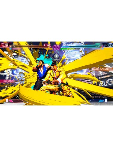 Dos personajes de videojuego en batalla, rayas amarillas detrás y texto en pantalla.