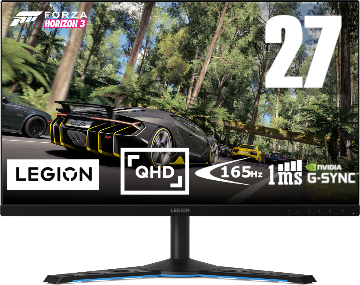 Gaming-Monitor mit Spielbild.  Legion- und QHD-Labels unten.  27 und andere Spezifikationen.