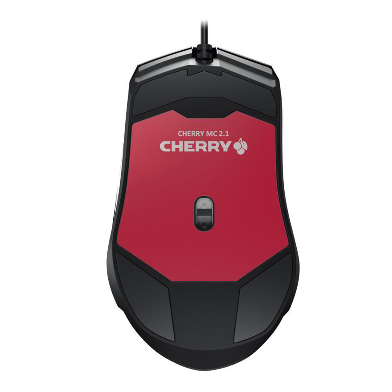 Eine schwarze und rote Cherry MC 2.1 Gaming-Maus, Draufsicht.