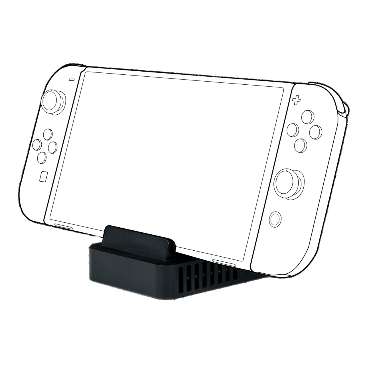 Black and white line drawing of a Nintendo Switch console in a dock.