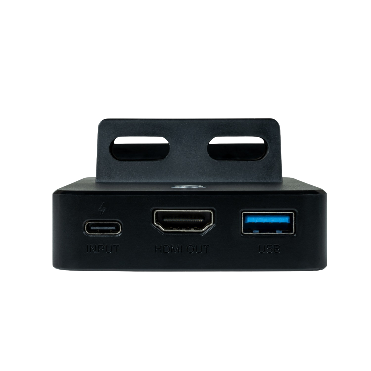 Black device with input, HDMI out, and USB ports. It has a stand and a power input.