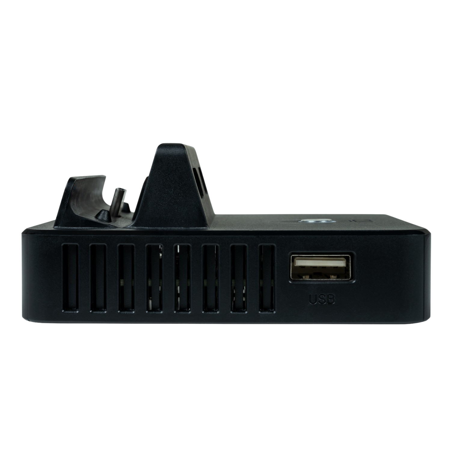 Black charging station with multiple slots, a USB port, and a black background.