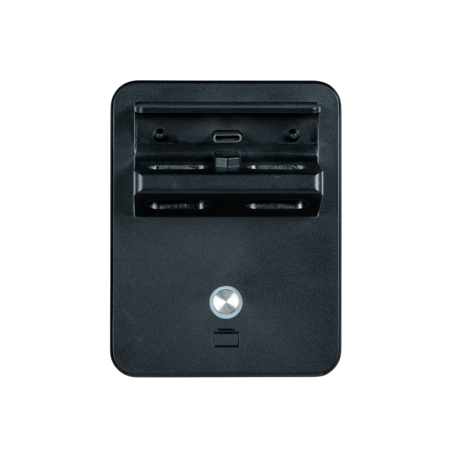 Black charger for electronic devices, with USB-C port, on black background.