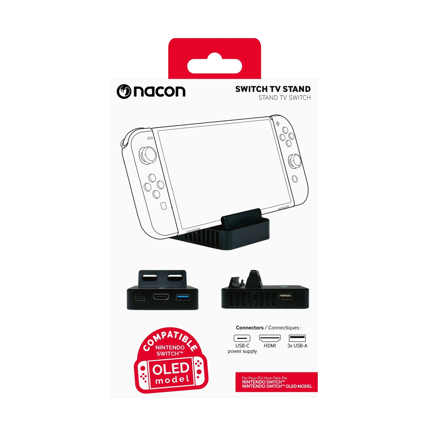 Nacon Nintendo Switch stand box. The box shows a stand with Switch and connector details.