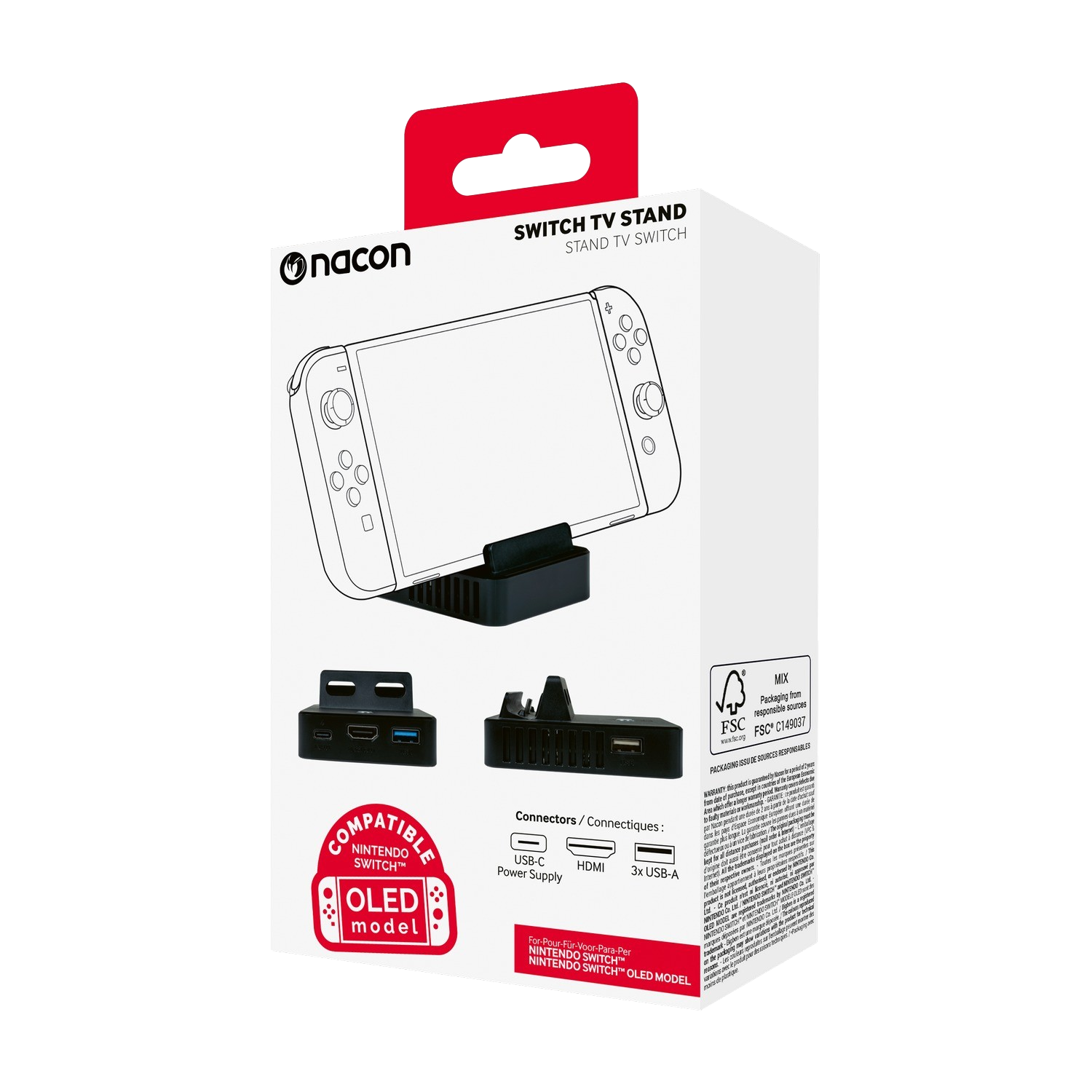 Nacon Switch TV Stand box with a stand and accessories. Includes the Nintendo Switch.