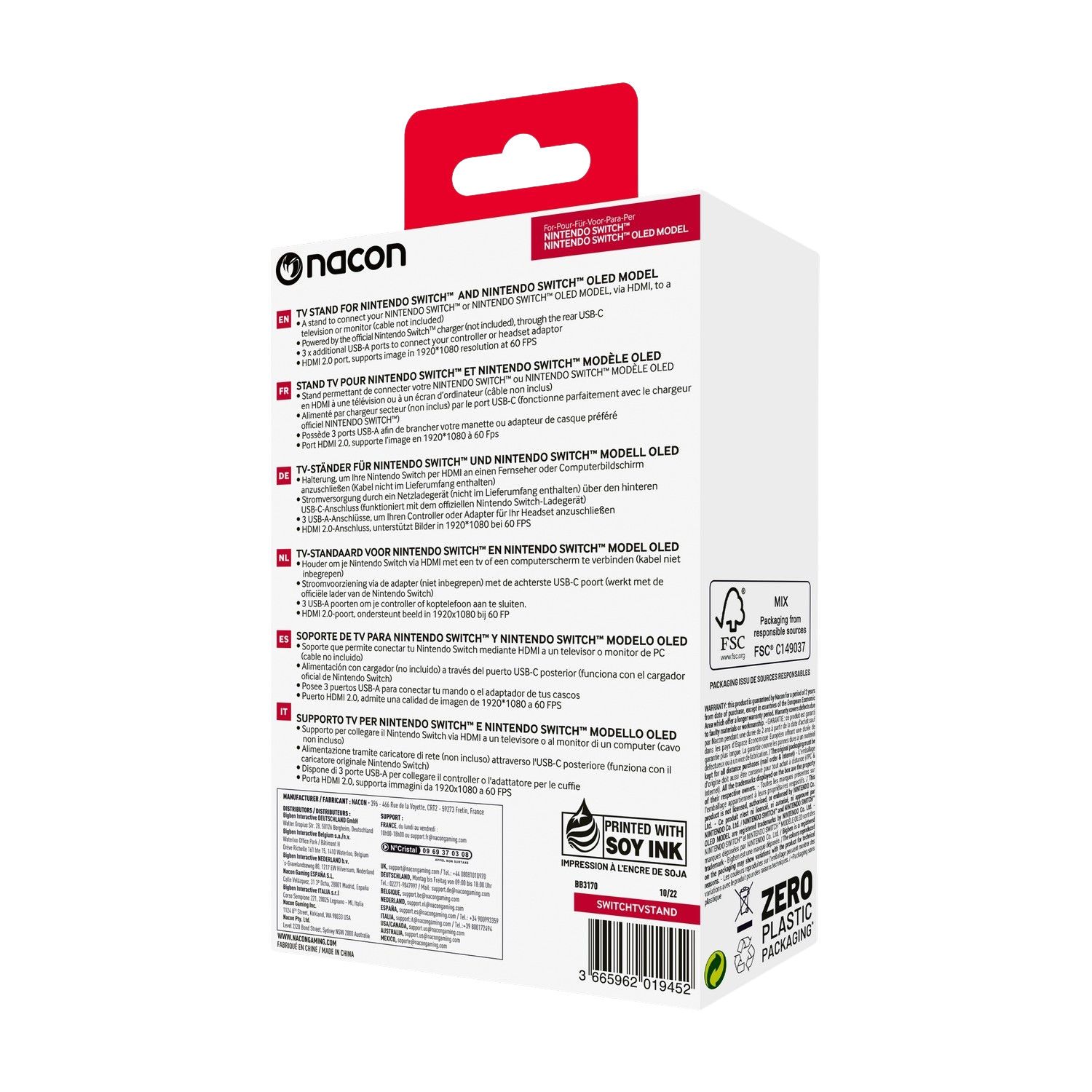 A product box for a Nintendo Switch stand. It includes text in multiple languages.