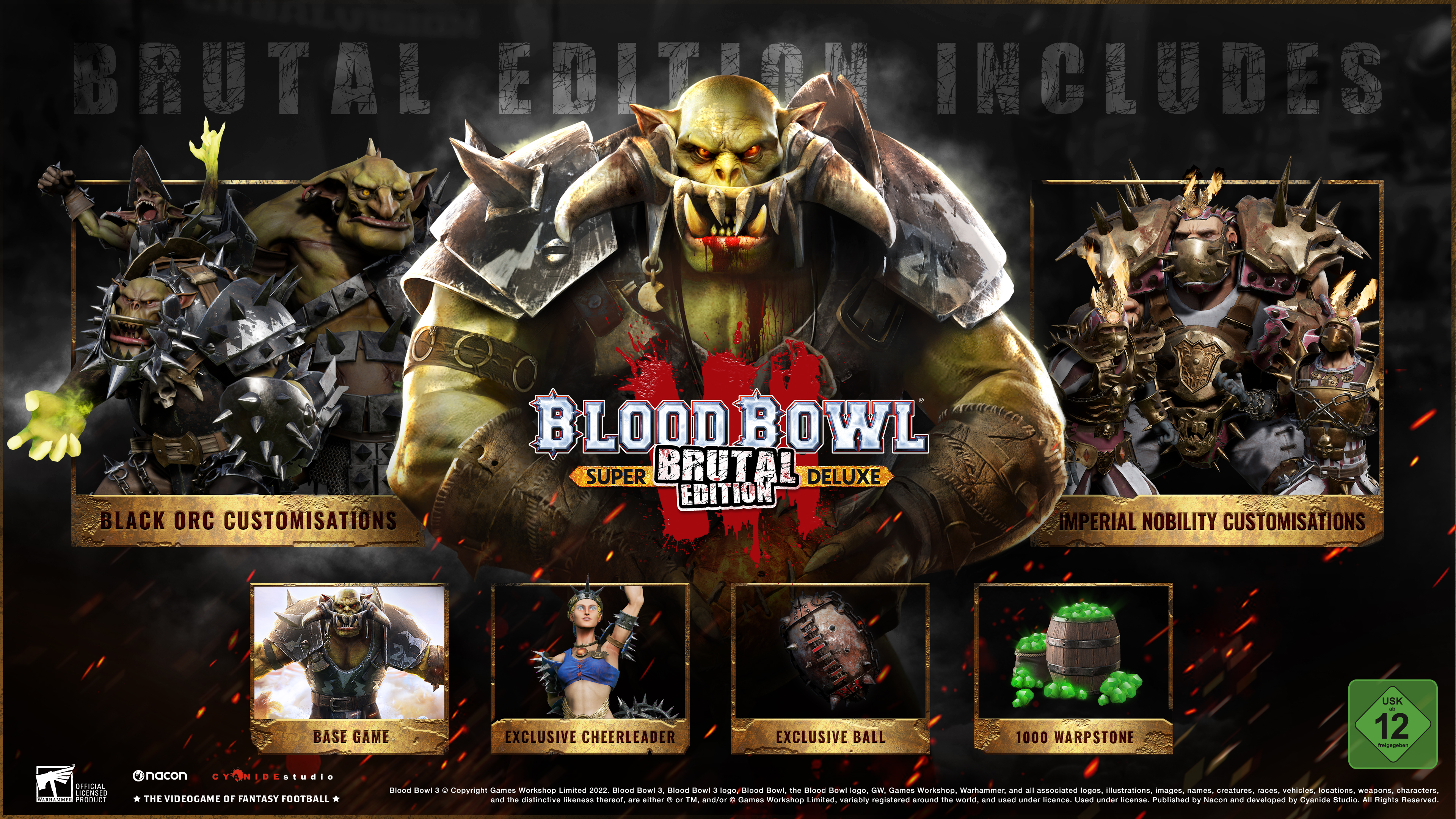 Spiel-Box-Art. Orck-Figur, Text 'Blood Bowl' und verschiedene Spielcharakterbilder.