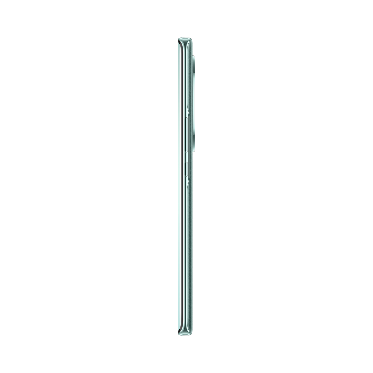 Perfil lateral de un teléfono verde menta, que muestra el diseño delgado sobre un fondo blanco.