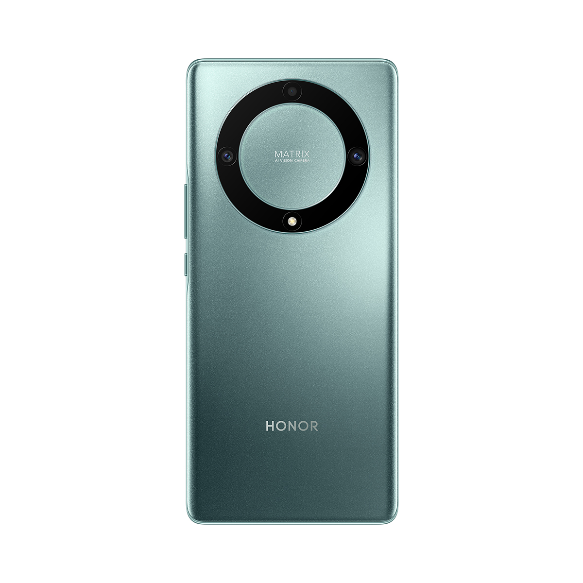 Un teléfono Honor verde. La parte trasera tiene un gran anillo de cámara con tres lentes.