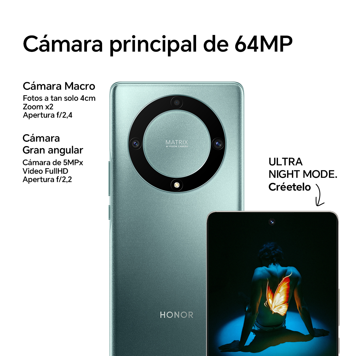 Un teléfono verde con tres cámaras, un segundo teléfono mostrando una interfaz de juego.