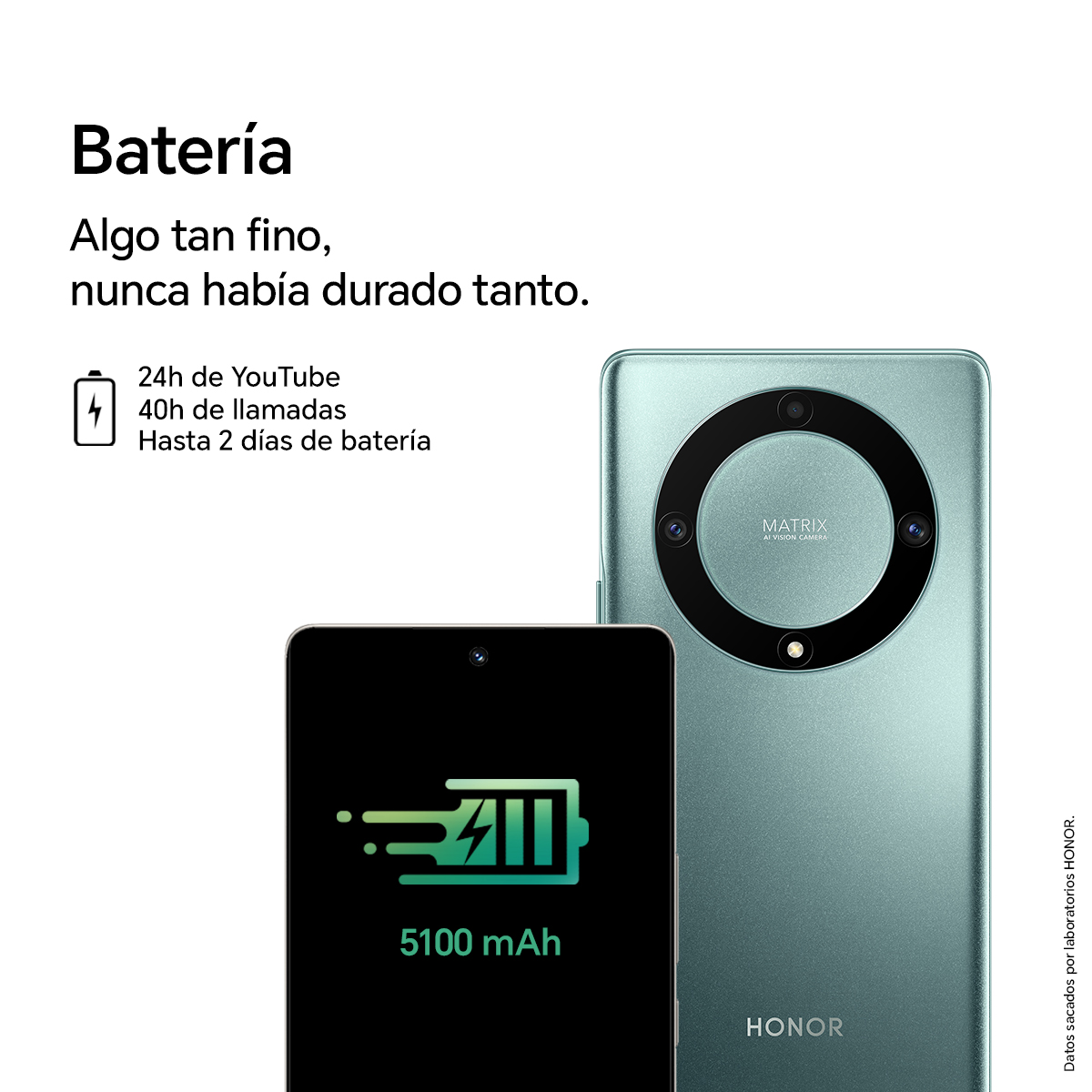 Smartphone turquesa con módulo de cámara grande, pantalla muestra estadísticas de batería e icono.