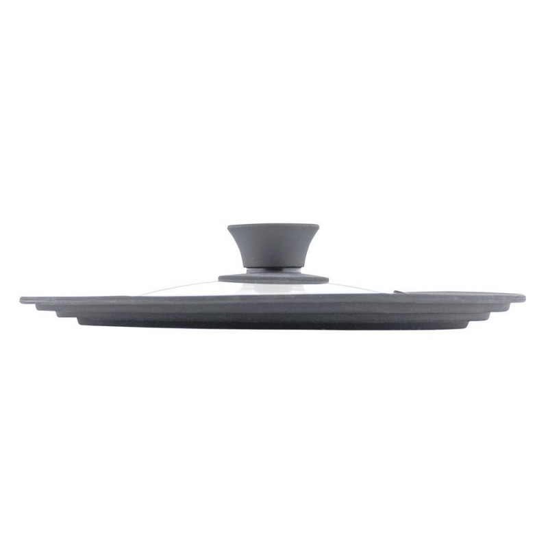 Tapa gris con asa negra sobre fondo blanco.