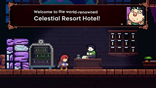 Escena de juego pixelada: Una persona en la recepción de un hotel. Texto: '¡Bienvenido al Celestial Resort Hotel!'