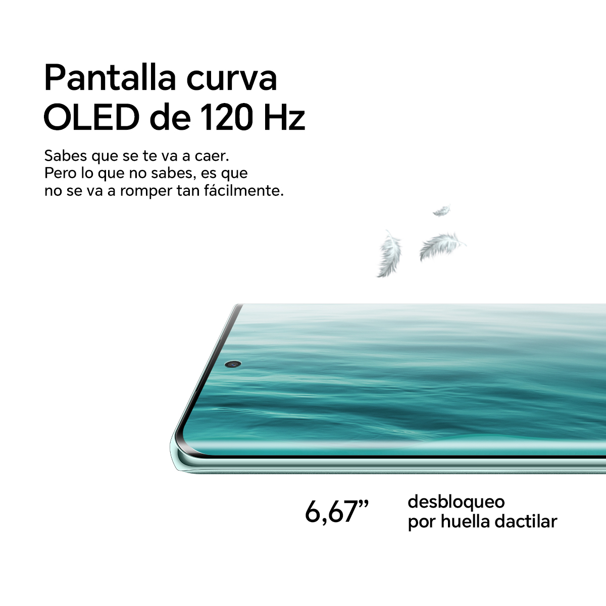 Un teléfono inteligente que muestra una pantalla OLED curva, con texto y algunas plumas cayendo.