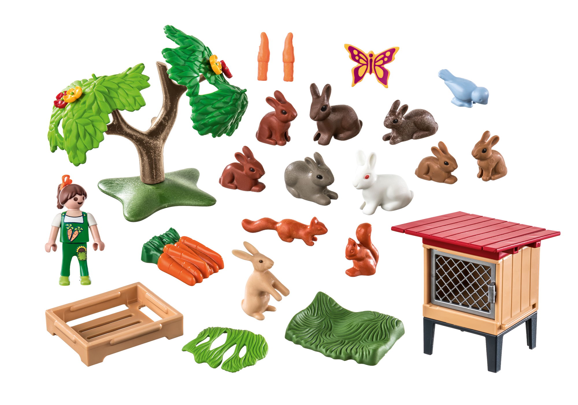 Eine Spielzeugszene mit Baum, Kaninchen, Eichhörnchen, Bauer, Karotten und Hütte. Farben: Braun, Grün, Orange und Weiß.