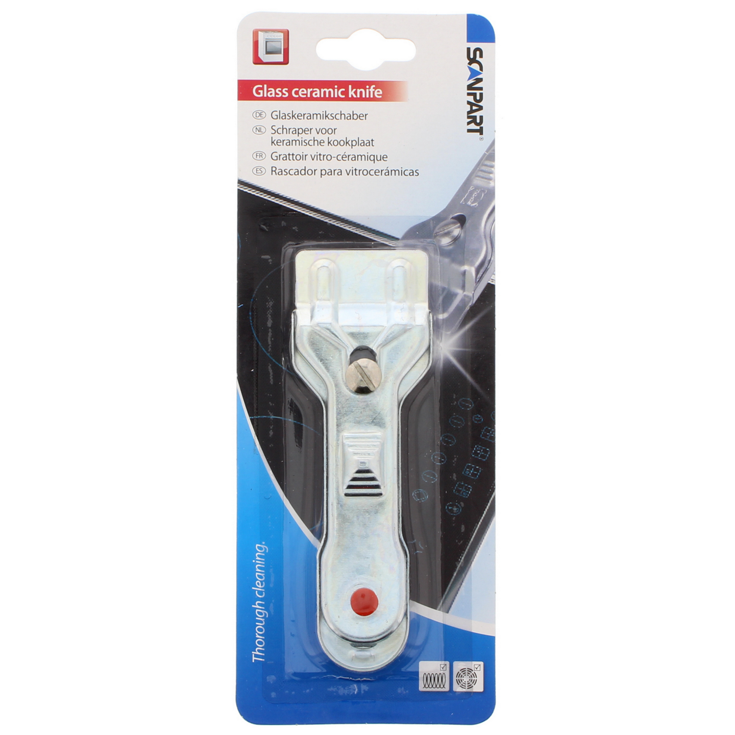 A metal glass ceramic knife scraper with a red button and a blue background package.