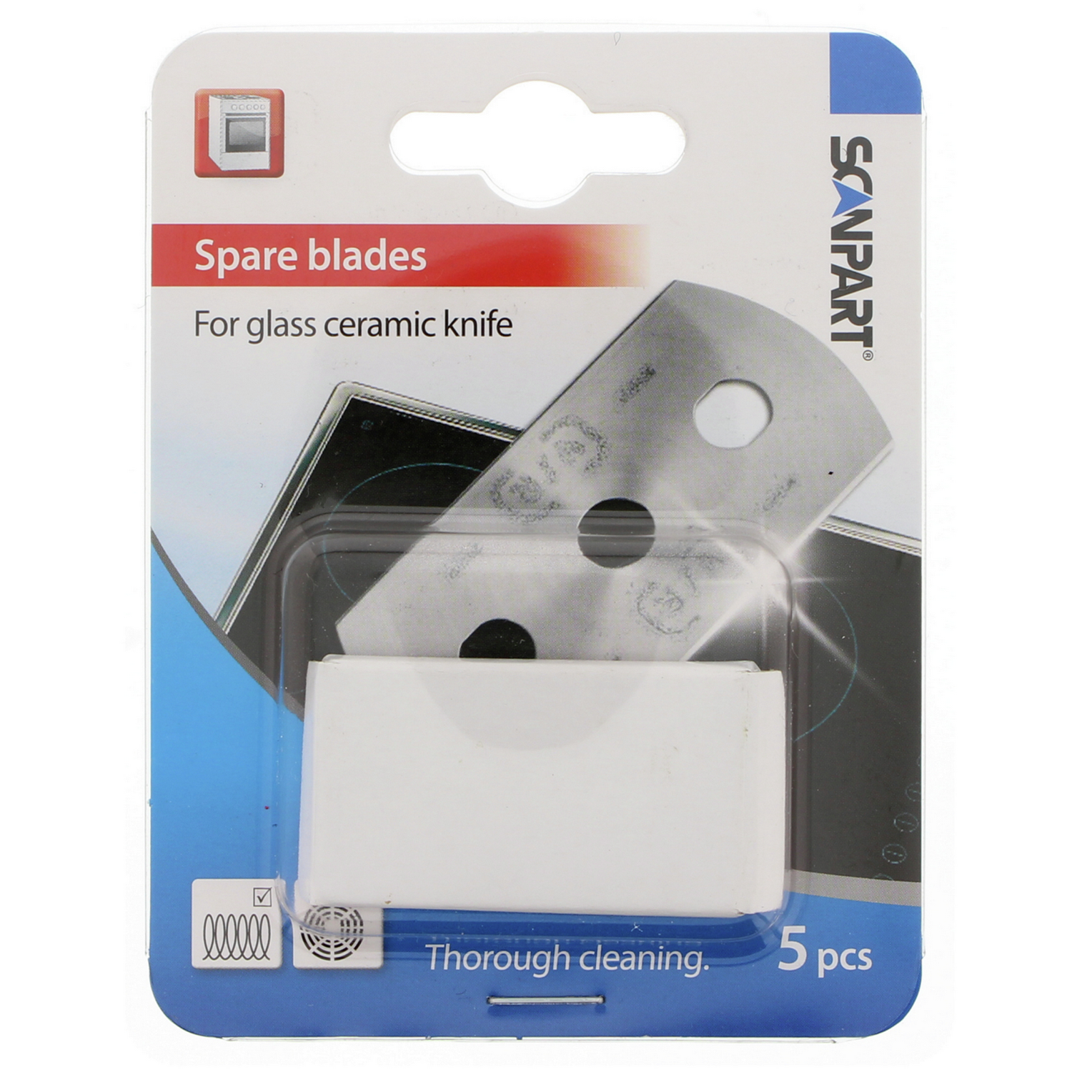 Verpakking reservemessen voor een glaskeramisch mes. Messen en een witte plastic houder zijn zichtbaar.
