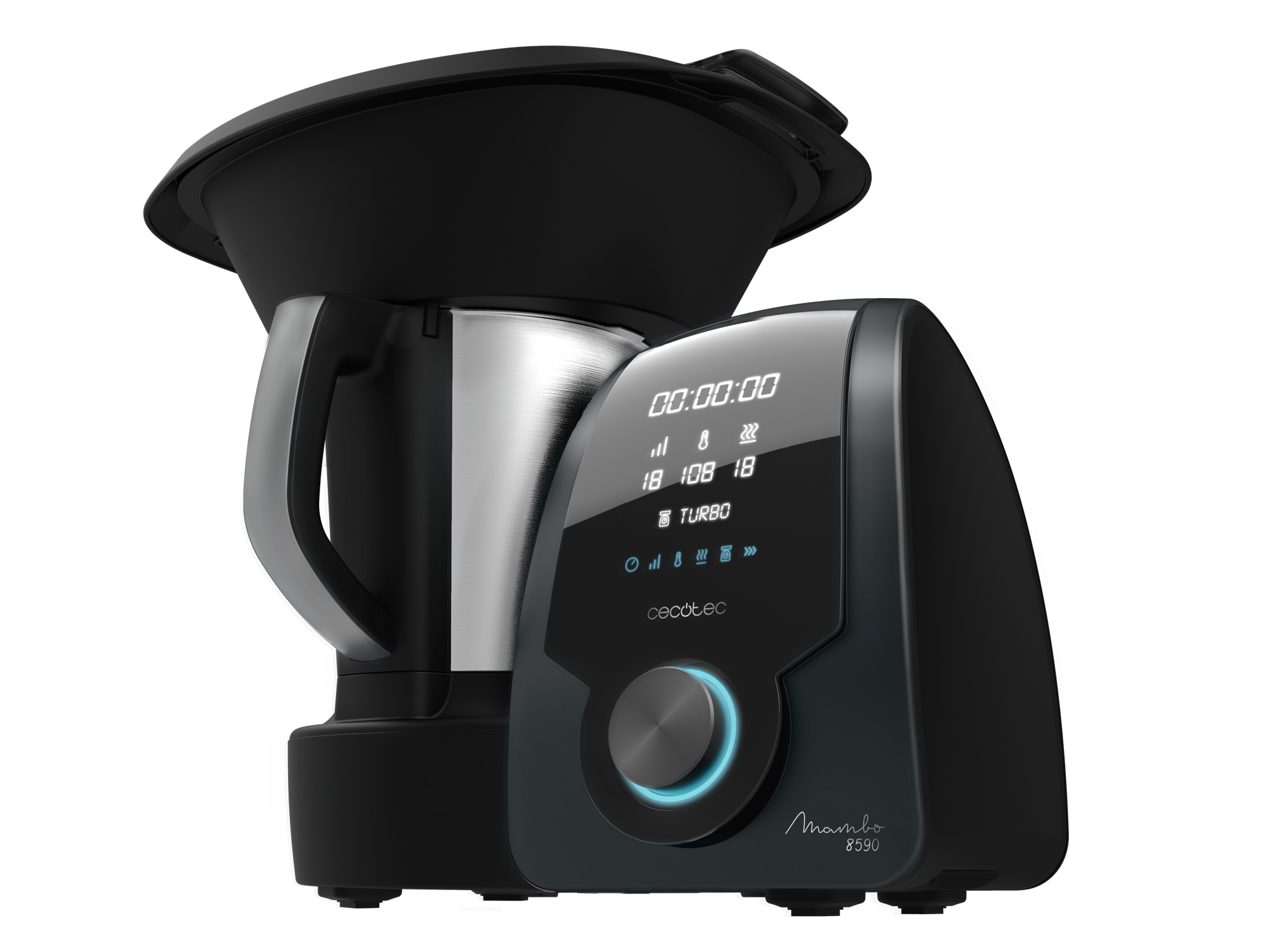 Un electrodoméstico de cocina negro. La pantalla muestra un temporizador. Un asa plateada a la izquierda.