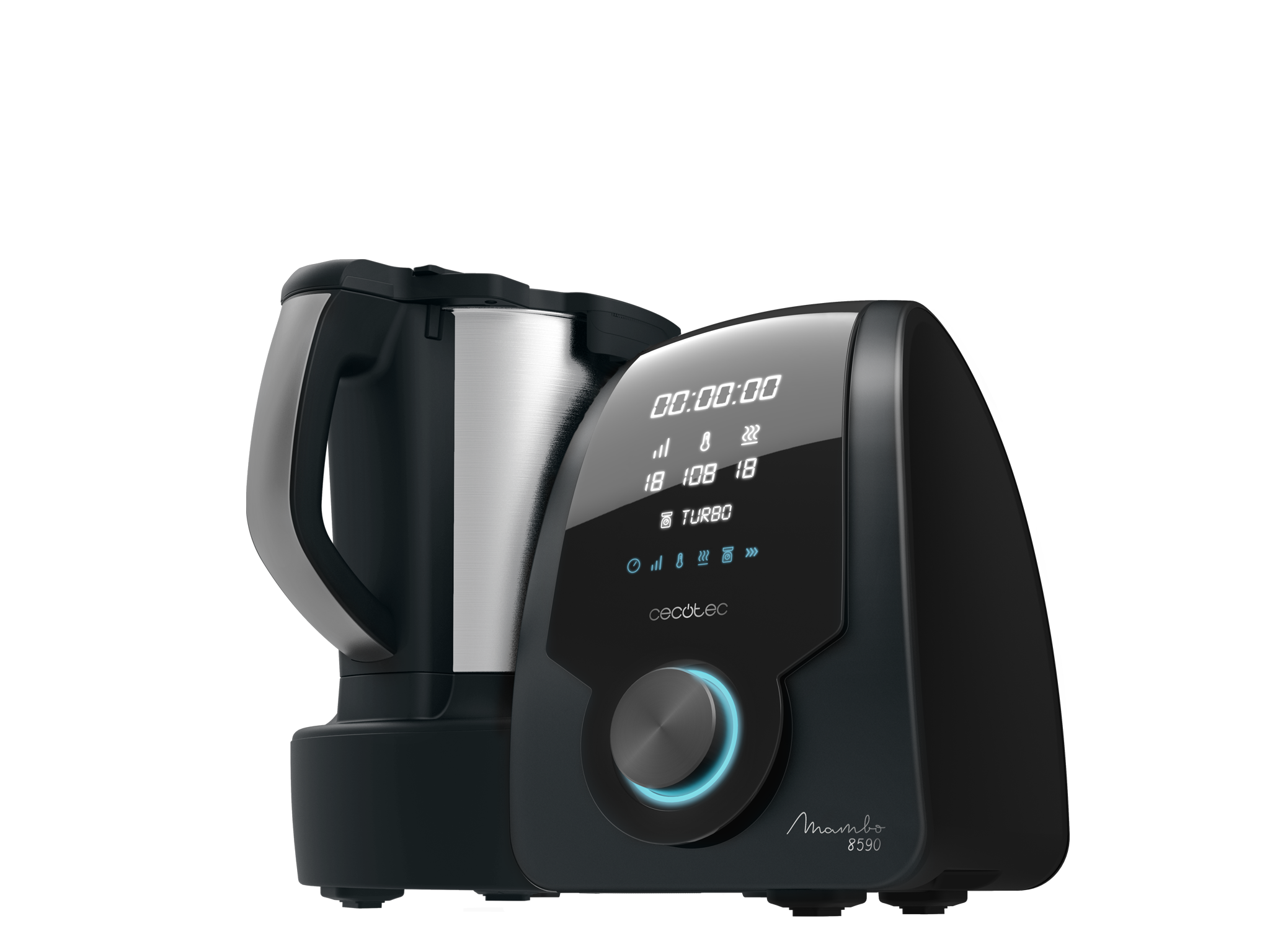 Un electrodoméstico de cocina negro y plateado con una pantalla digital y un mando.